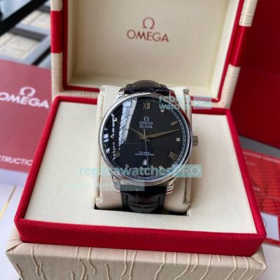 Replica Omega De Ville Leather Strap Black Face Rounded Bezel Watch 40mm